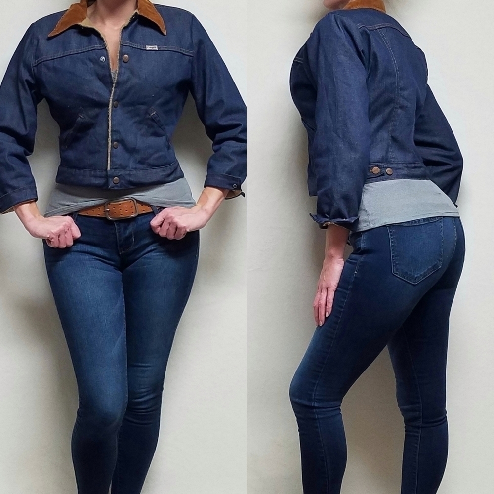 Rare Vintage 70s Wrangler Bluebell Denim Fleece Lined Corduroy Cropped Jacket S